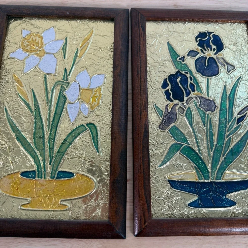 VTG Handmade Floral Gold Tone Framed Hanging Wall Art Foil Picture - Lot of 2